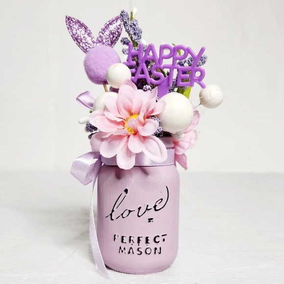 Hand Crafted Holiday Mini Easter Mason Jar Silk Flower Easter Egg